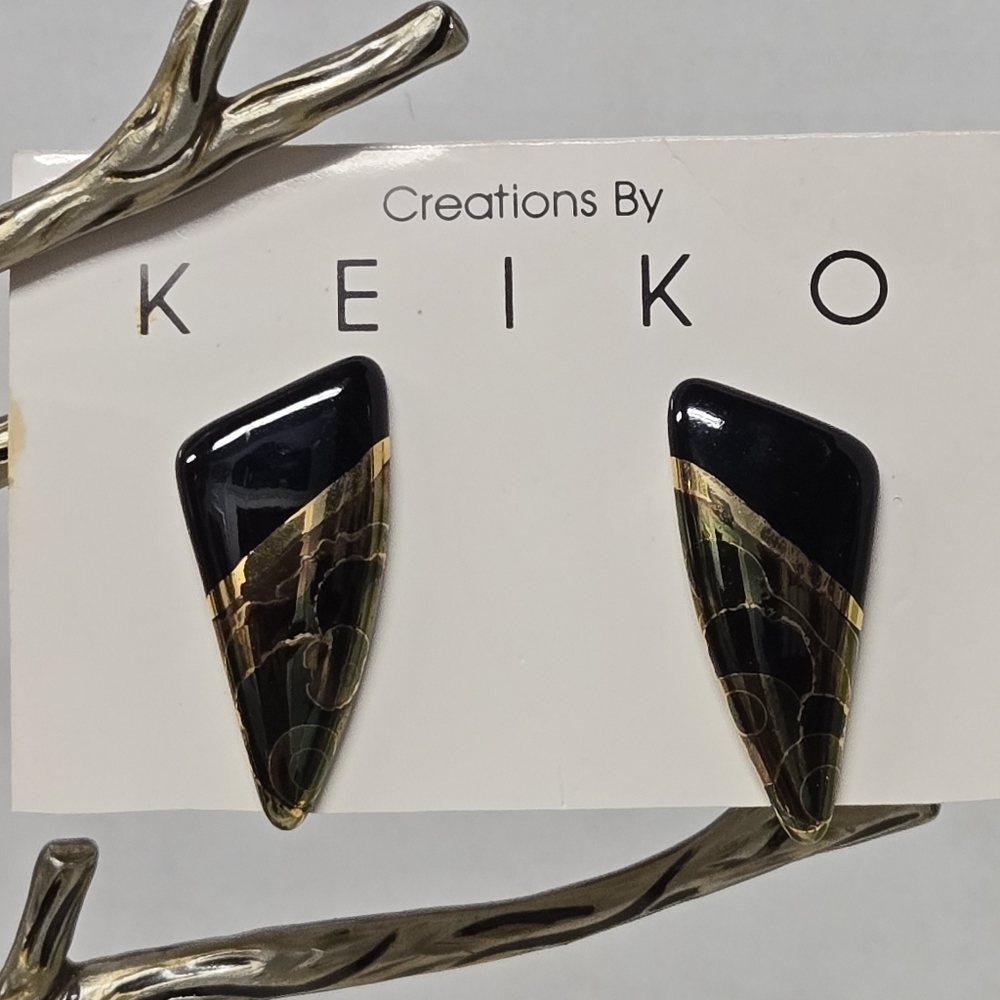 Vntg Creations By Keiko Black & Gold Ceramic Earrings NWOT 1 3/4"x5/8"